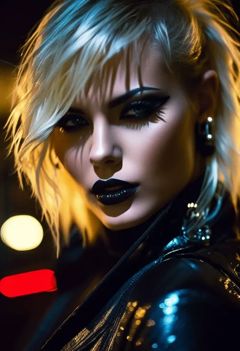 platinblonde Blade Runner prostitute replicant Pris, dark nighttime, very fit woman, city center, shackles, straps, collar, thigh-high boots, beautiful face, ((intricate details, hyperdetailed eyes)), young sexy woman, very detailed face, darkness neonlight, ((wet hair, dark sci-fi make up)), cinematic shot from below