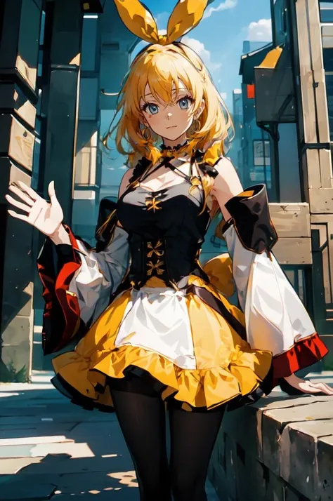 ultra detailed, masterpiece, best quality, solo, soft smile, light smile, white and blue theme,
1girl, blue eyes, very long hair, blonde hair, long blonde hair, french braid, bangs, medium breasts,
hair ribbon, frilled choker, criss-cross halter, sleeveless dress, high-waist skirt, backless dress, waist bow, detached sleeves, frilled sleeves, wide sleeves, pantyhose, patterned legwear, mary janes, <lora:wavefarleft:1> waving far left,