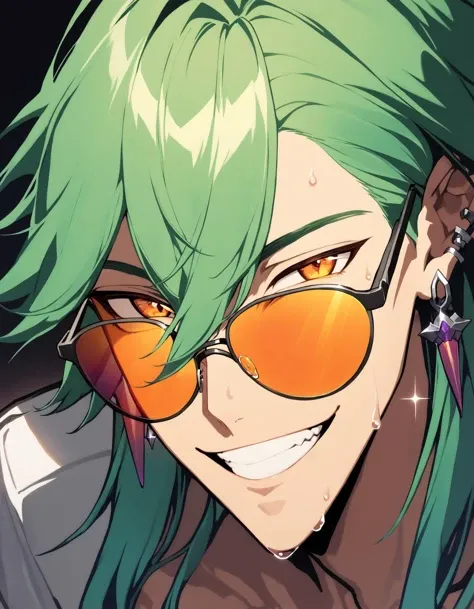 1boy, League of Legends, hrstlxks style, long hair, smile, bangs, hair between eyes, jewelry, male focus, sweat, earrings, green hair, glasses, teeth, grin, sunglasses, portrait, carrot, tinted eyewear close-up, foreshortening , cinematic lighting, cinematic angle, dark, dark background, masterpiece, best quality ,  <lora:HeartsteelSDXL:0.8>