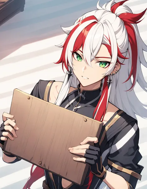 1boy, Yone, League of Legends, hrstlxks style, solo, male focus, two-tone hair, white hair, streaked hair, long hair, bangs, gloves, jewelry, green eyes, upper body, red hair, multicolored hair, earrings, black gloves, fingerless gloves, holding a sign, looking at viewer, striped background, indoors, cinematic angle, masterpiece, best quality , <lora:HeartsteelSDXL:0.8>