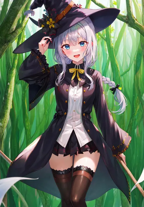 1girl, :d, bangs, black_coat, black_footwear, black_headwear, black_robe, black_skirt, blue_eyes, blurry, blurry_background, blush, boots, bow, braid, breasts, broom, broom_riding, collared_shirt, day, elaina_\(majo_no_tabitabi\), eyebrows_visible_through_hair, forest, frilled_skirt, frills, grass, hair_between_eyes, hair_bow, hand_on_headwear, hat, long_hair, long_sleeves, looking_at_viewer, miniskirt, nature, neck_ribbon, open_clothes, open_mouth, open_robe, outdoors, pink_bow, pleated_skirt, pointy_footwear, ribbon, robe, shirt, silver_hair, single_braid, skirt, smile, solo, thighs, tree, white_shirt, wide_sleeves, witch, witch_hat, yellow_bow, yellow_neckwear, yellow_ribbon <lora:style_TOKKYU:1>