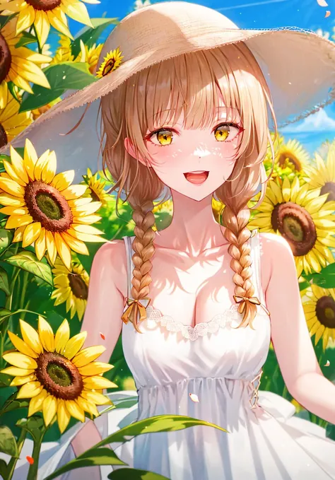 1girl, bangs, bare_shoulders, blonde_hair, blunt_bangs, blurry, blush, braid, breasts, brown_headwear, cleavage, collarbone, dandelion, day, dress, eyebrows_visible_through_hair, field, flower, flower_field, frills, hat, hat_flower, hat_ornament, holding_flower, leaf, lens_flare, long_hair, looking_at_viewer, medium_breasts, open_mouth, outdoors, petals, sidelocks, sleeveless, sleeveless_dress, smile, solo, straw_hat, summer, sun_hat, sundress, sunflower, sunflower_hair_ornament, sunlight, teeth, twin_braids, twintails, upper_body, white_dress, yellow_eyes, yellow_flower <lora:style_TOKKYU:1>