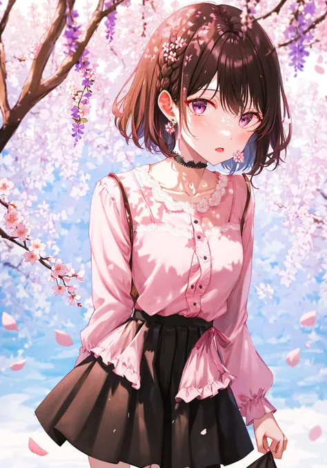 1girl, bangs, black_hair, black_skirt, blurry, blurry_background, blurry_foreground, blush, braid, branch, breasts, brown_eyes, brown_hair, cherry_blossoms, choker, closed_mouth, collarbone, cowboy_shot, depth_of_field, earrings, eyebrows_visible_through_hair, falling_petals, flower, flower_earrings, frilled_choker, frills, hanami, holding, holding_flower, jewelry, layered_skirt, long_sleeves, looking_at_viewer, outdoors, petals, pink_flower, pink_shirt, pleated_skirt, shirt, short_hair, skirt, solo, spring_\(season\), standing, tree, wisteria <lora:style_TOKKYU:1>