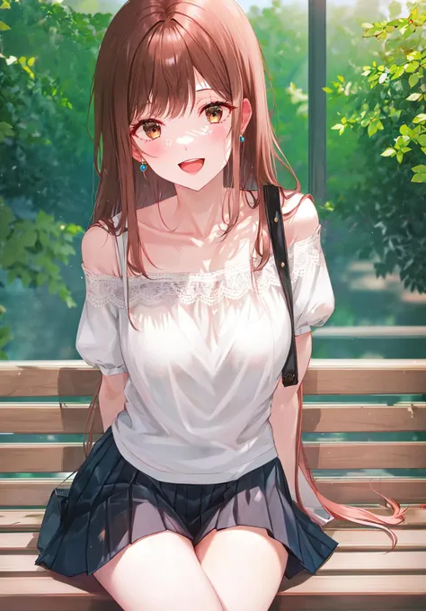 1girl, :d, bangs, bare_shoulders, bead_bracelet, bench, blouse, blue_skirt, blush, bracelet, breasts, brown_eyes, brown_hair, cleavage, collarbone, day, eyebrows_visible_through_hair, frills, jewelry, long_hair, looking_at_viewer, medium_breasts, miniskirt, off-shoulder_shirt, off_shoulder, open_mouth, outdoors, puffy_short_sleeves, puffy_sleeves, ribbon, shirt, short_sleeves, sitting, skirt, smile, solo, stairs, teeth, white_blouse <lora:style_TOKKYU:1>