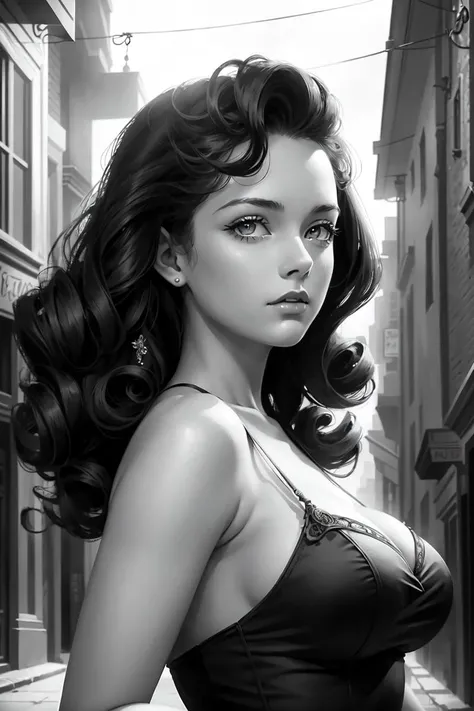 (masterpiece:1.2, best quality), (real picture, intricate details), (realistic:1.2), (photo-realistic:1.2), pinup girl:1.3, victory curls:1.5, solo, film, noir style, pulp art, beautiful and elegant, looking at viewer, forlorn gaze, dark alleyway, windy, detailed portrait, close up,