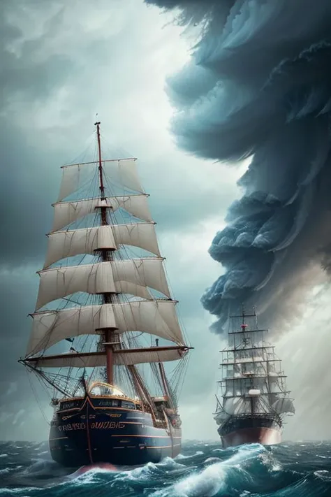 two sailing ships are caught in a hurricane. The ships slide down the side of the tsunami and a water spout looms, ultra realistic, focused, extreme details, unreal engine 5, cinematic, masterpiece, intricate artwork, sharp, 8k, breathtaking, crystalline, hyperrealism, lush detail, poster, perfectionism, sharp focus