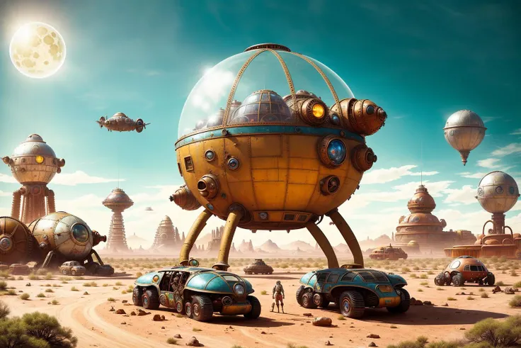old junkyard on a desert moon landscape jetpack glass dome (AtomPunkStyleSD15:1.0) (masterpiece:1.5) (painting:1.1) (best quality) (detailed) (intricate) (8k) (HDR) (wallpaper) (cinematic lighting) (sharp focus)
