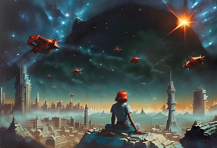 cinematic film still (beautiful girl1.3), red hair, pulp-sf, sexy space suit,   from behind, looking up,  <lora:RetroSpaceships:1> retrospaceships, sleek design,  flying over surface, nebula, asteroids, flying over city, sharp angles,  in background, explosion
 . shallow depth of field, vignette, highly detailed, high budget, bokeh, cinemascope, moody, epic, gorgeous, film grain, grainy