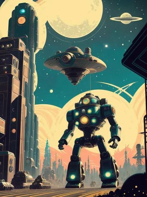 analog style, (mtompunk:1.4), masterpiece, best quality, 8k, pixiv, artstation, sharp focus, classic pulp art illustration of big retro humanoid robot attacking atompunk city, night, space, stars, planet, mars, spaceship, alien, beautiful atompunk cityscape, (classic \(comic\) style:1.4), (flat color:1.4), vintage effect