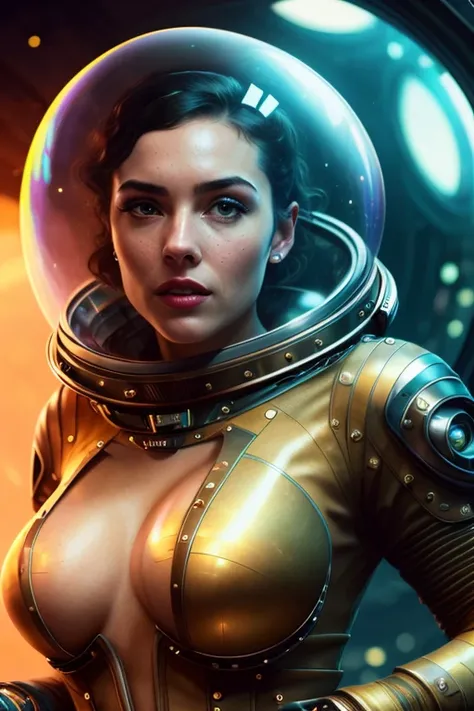 timeless style, (mtompunk:1.2), masterpiece, best quality, 8k, artstation, sharp focus, ultrarealistic, high details, raw photo portrait of beautiful girl, tight outfit, (retro bubble space helmet), perfect face, perfect eyes, big breasts, inside spaceship, volumetric lighting, depth of field, cinematic lighting, medium shot, face focus