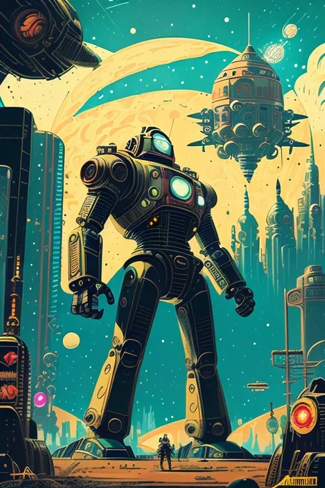 analog style, (mtompunk:1.4), masterpiece, best quality, 8k, pixiv, artstation, sharp focus, classic pulp art illustration of big retro humanoid robot attacking atompunk city, night, space, stars, planet, mars, spaceship, alien, beautiful atompunk cityscape, (classic \(comic\) style:1.4), (flat color:1.4), vintage effect