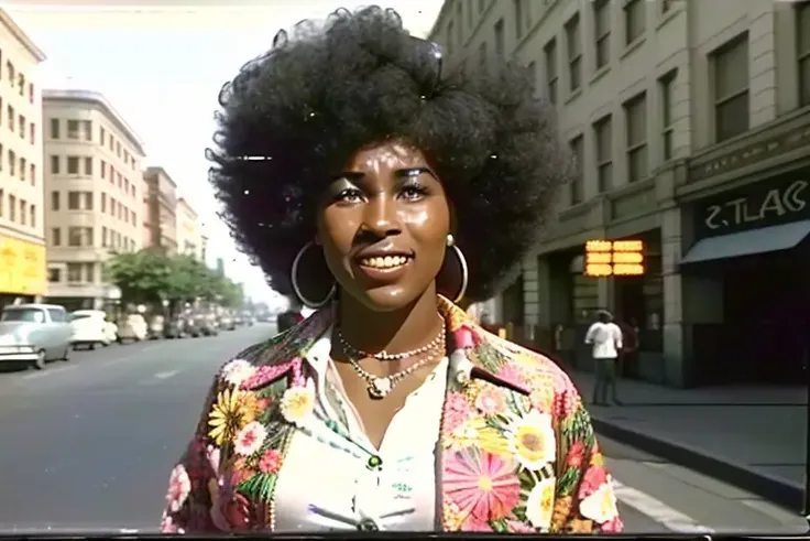 vhs footage of 1 beautiful female , smile, dark skin tone, afro hair, stud in flared Bell-bottoms pants , floral shirt , sparkly jacket, huge ear ring, 1970 city street,
analog style, photorealistic, 35mm kodak,