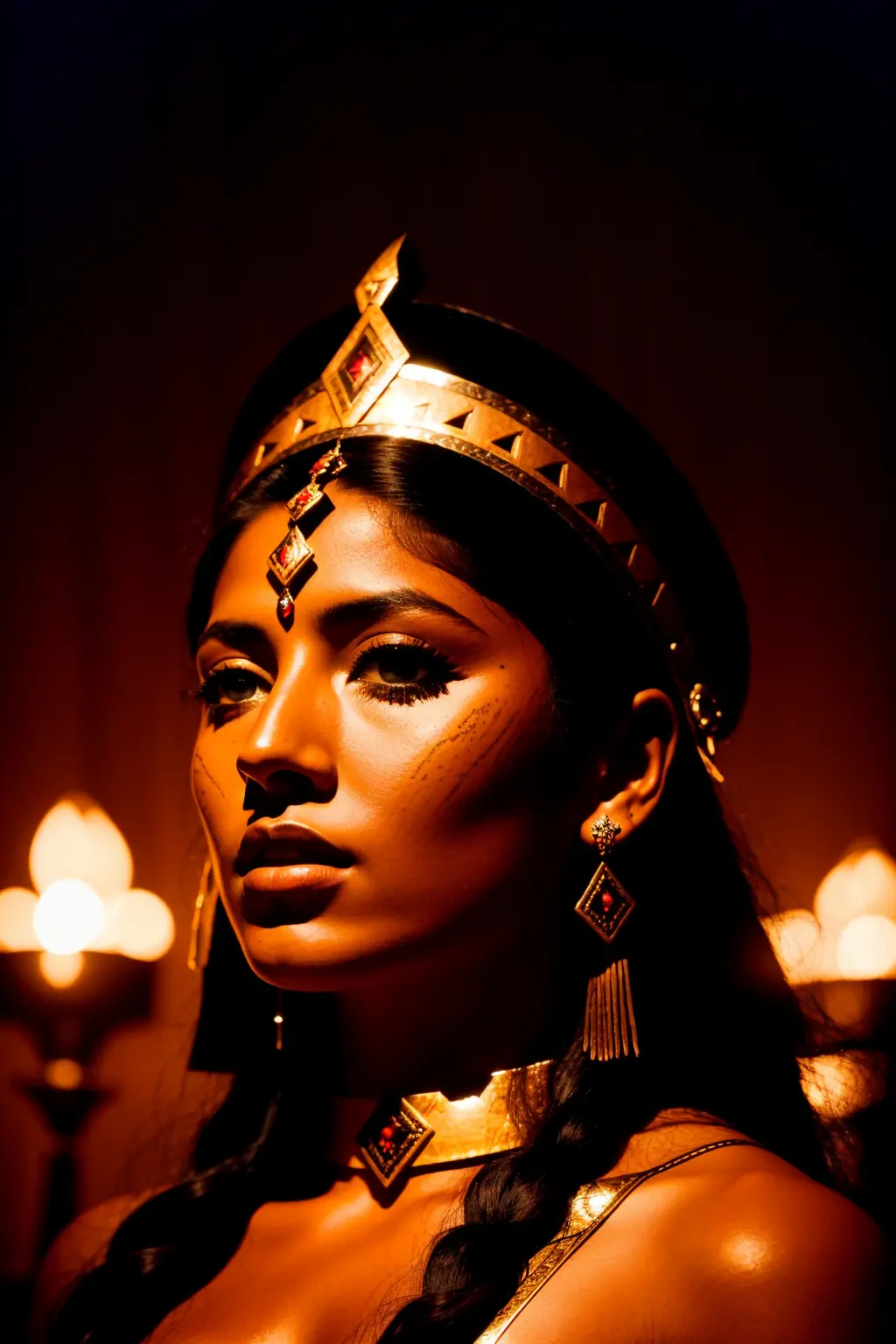 ung and beautiful woman warrior of aztec empire, dark chamber, dim light
(35mmstyle:1.1), front, masterpiece, 1970s film, , cinematic lighting, photorealistic, high frequency details, 35mm film, (film grain), film noise,
<lora:epiNoiseoffset_v2:1>