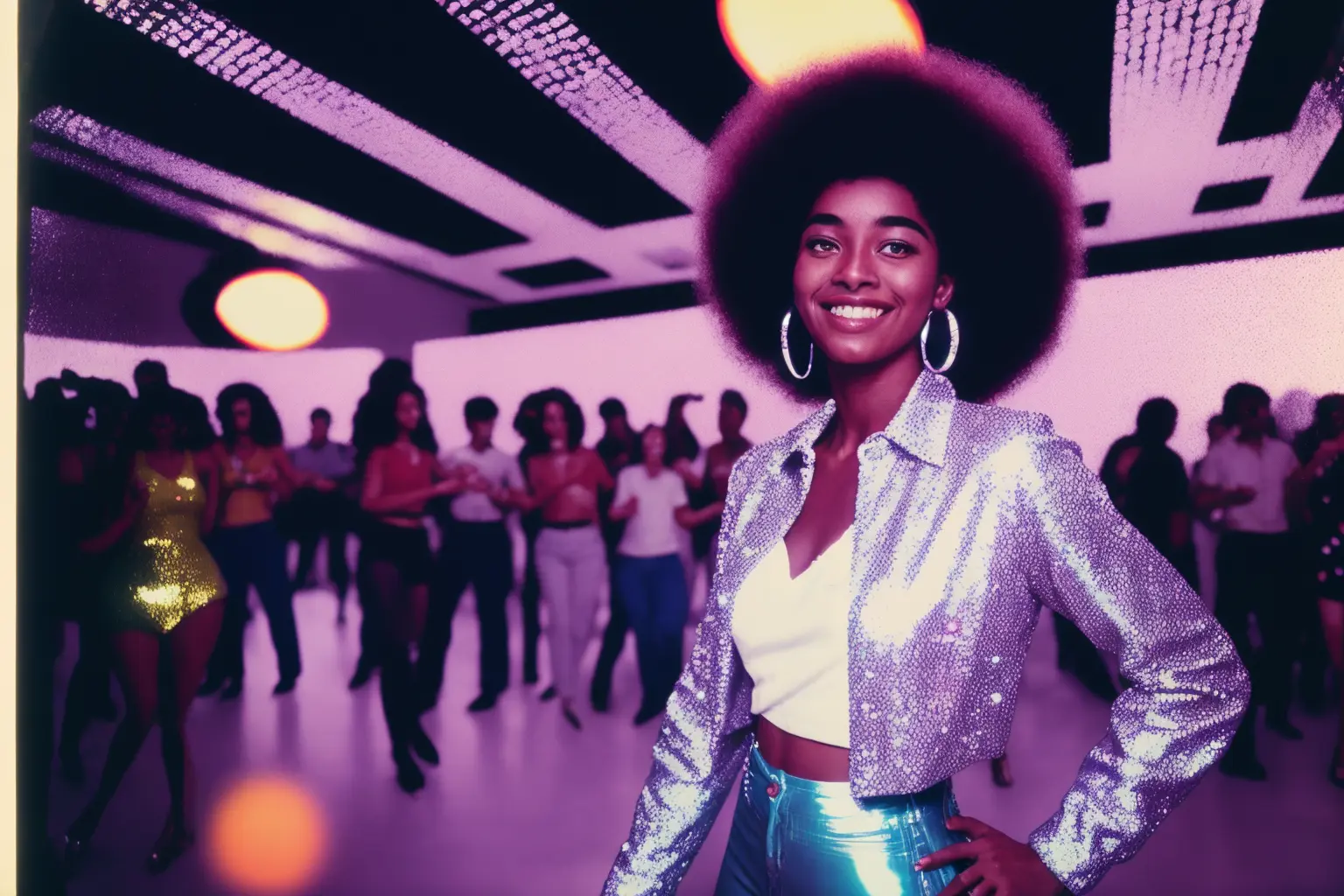 vhs footage of ung female , smile, dark skin tone, afro hair, stud in flared Bell-bottoms pants , floral shirt , sparkly jacket, 1970 film style, huge ear ring,
(silver Disco Mirror Ball, dancing in a disco dancing pool)
analog style, photorealistic, rich colors ,hyper realistic ,lifelike texture, dramatic lighting , 35mm kodak,
<lora:badvhs_v1_txt:1.5> <lora:epiNoiseoffset_v2:1>