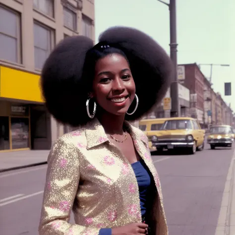 vhs footage of 1 beautiful female ,  smile, dark skin tone, afro hair,   stud in flared Bell-bottoms pants , floral shirt  ,  sparkly jacket,    huge ear ring, 1970 city street,
analog style, photorealistic, 35mm kodak, 
  <lora:badvhs_v1_txt:1.5> <lora:epiNoiseoffset_v2:1>