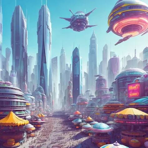 A bustling futuristic cityscape with floating skyscrapers and hovercars zooming between them. In the center of the city is a massive outdoor marketplace, filled with colorful stalls selling a wide variety of bizarre alien goods. The overall tone is lighthearted and whimsical, by Justin Maller