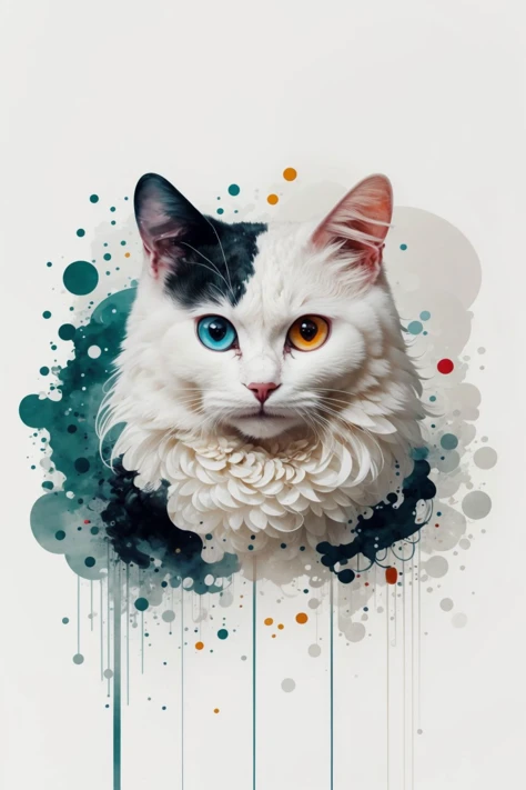 masterpiece, best quality, turkish van cat, large eyes, (cartoon), upper body, splashing, abstract, psychedelic, (neon:0.8), extremely detailed, (white background:1.3), ink,  (creative:1.3), intricate detail, (pretty face), dynamic lighting, natural lighting, photorealistic, sy3  <lora:Sy3:0.4>    <lora:ink-0.1-3-b28-bf16-D128-A1-1-ep64-768-DAdaptation-cosine:1.2>  <lora:tvanLora32:0.8>