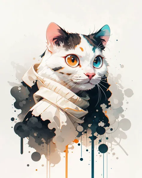 masterpiece, best quality, turkish van cat, large eyes, (cartoon), upper body, splashing, abstract, psychedelic, (neon:0.8), extremely detailed, (white background:1.3), ink,  (creative:1.3), intricate detail, (pretty face), dynamic lighting, natural lighting, photorealistic, sy3  <lora:Sy3:0.4>    <lora:ink-0.1-3-b28-bf16-D128-A1-1-ep64-768-DAdaptation-cosine:1.2>  <lora:tvanLora32:0.8>