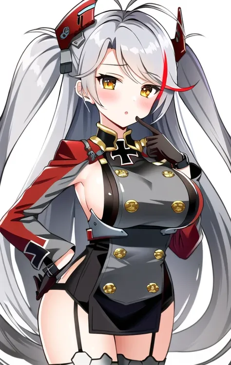 Prinz Eugen\(azur lane\), 1girl, breasts, prinz eugen (azur lane), solo, gloves, long hair, large breasts, garter straps, white background, multicolored hair, iron cross, simple background, cross, streaked hair, red hair, grey hair, two side up, very long hair, sideboob, looking at viewer, black gloves, headgear, long sleeves, finger to mouth, bangs, blush, buttons, yellow eyes, double-breasted, cowboy shot, thighs, antenna hair, thighhighs, mole on breast, mole  <lora:Prinz_Eugen:0.8>