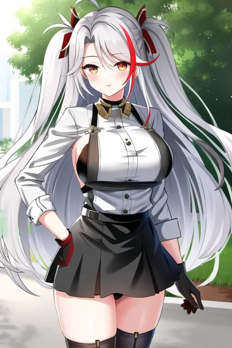 Prinz Eugen\(azur lane\), 1girl, breasts, solo, gloves, long hair, large breasts, multicolored hai, streaked hair, red hair, grey hair, two side up, very long hair, sideboob, looking at viewer,  mole on breast, mole , casual outfit :1.3,white shirt,alternate costume, city road , hand on hip, mini skirt , pantyhose, thighhighs, standing, panties,  <lora:Prinz_Eugen:0.8>