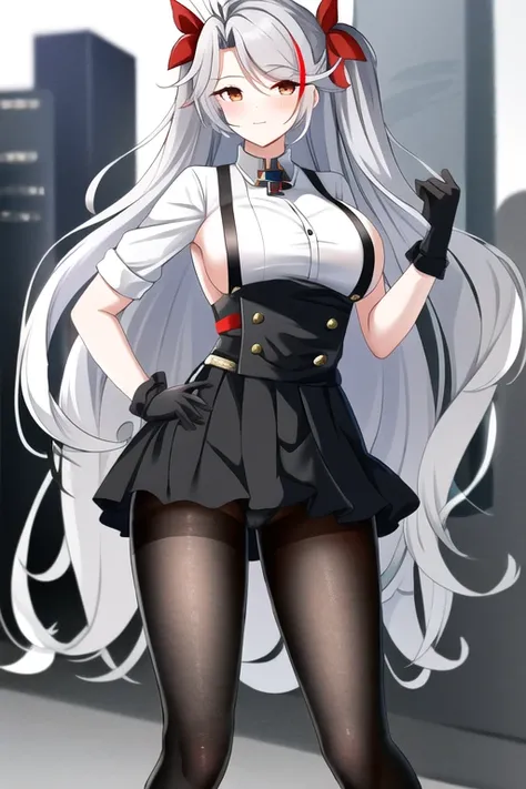 Prinz Eugen\(azur lane\), 1girl, breasts, solo, gloves, long hair, large breasts, multicolored hai, streaked hair, red hair, grey hair, two side up, very long hair, sideboob, looking at viewer, mole on breast, mole , casual outfit :1.3,white shirt,alternate costume, city road , hand on hip, mini skirt , pantyhose, thighhighs, standing, panties, <lora:Prinz_Eugen:0.8>