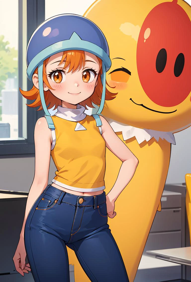 (masterpiece, best quality), 1girl, <lora:Sora:0.8> SoraDef, , blush, smile, short hair, orange hair, helmet, orange eyes, digimon, , yellow shirt, shirt, sleeveless, pants, jeans,