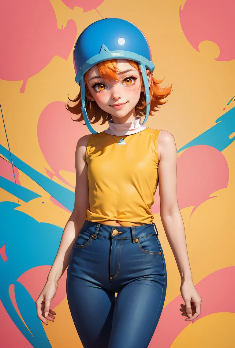(masterpiece, best quality), 1girl, <lora:Sora:0.8> SoraDef, , blush, smile, short hair, orange hair, helmet, orange eyes, digimon, , yellow shirt, shirt, sleeveless, pants, jeans,
