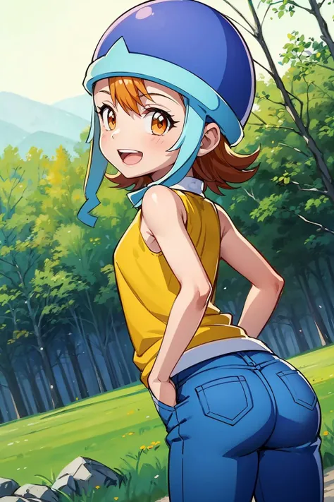 masterpiece,best quality,(anime screencap),1girl,solo,SoraDef,short hair,orange hair,helmet,blue hat,orange eyes,digimon,yellow shirt,shirt,sleeveless,pants,jeans,smile,open mouth,looking back,hands in pockets,cowboy shot,dutch angle,from behind,forest,<lora:Concept-control tool-add_detail-CyberAIchemist:0.8>,<lora:Sora:0.8>,
