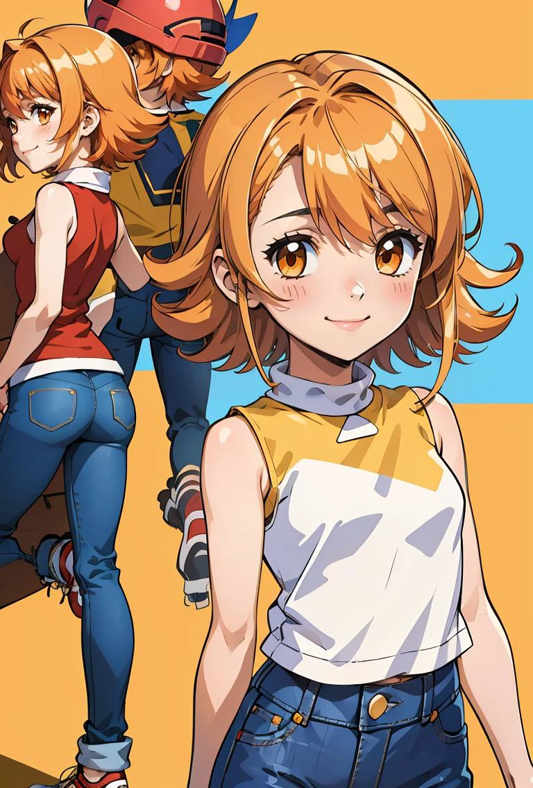 (masterpiece, best quality), 1girl, <lora:Sora:0.8> SoraDef, , blush, smile, short hair, orange hair, helmet, orange eyes, digimon, , yellow shirt, shirt, sleeveless, pants, jeans,