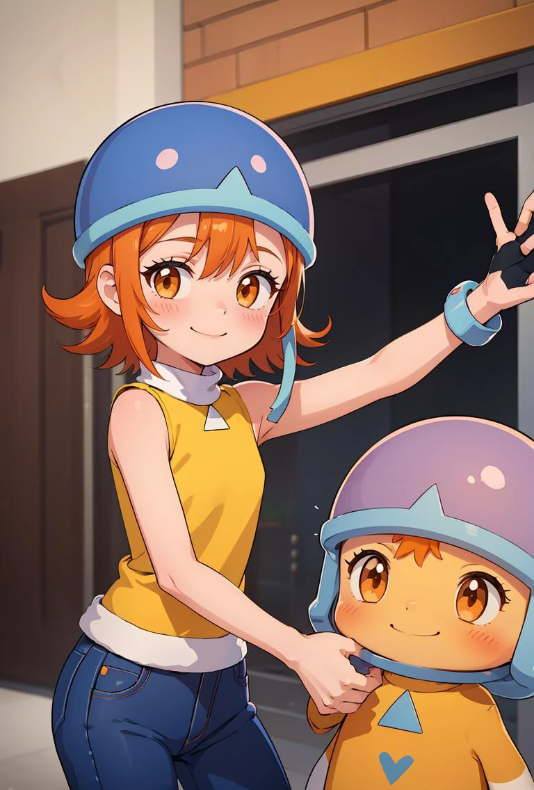 (masterpiece, best quality), 1girl, <lora:Sora:0.8> SoraDef, , blush, smile, short hair, orange hair, helmet, orange eyes, digimon, , yellow shirt, shirt, sleeveless, pants, jeans,