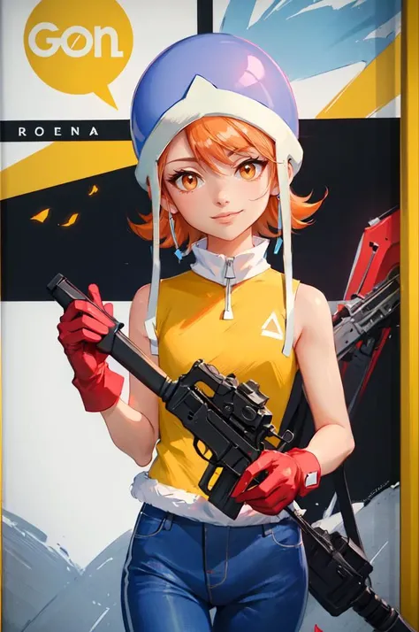 cowboy shot, solo, smile, outdoors, <lora:Sora:1> SoraDef, orange eyes, short hair, orange hair, helmet, yellow shirt, shirt, sleeveless, pants, jeans, red gloves, <lora:RossDraws:1> RossDraws,, absurdres, ultra detailed, masterpiece, best quality, aesthetic, detailed,