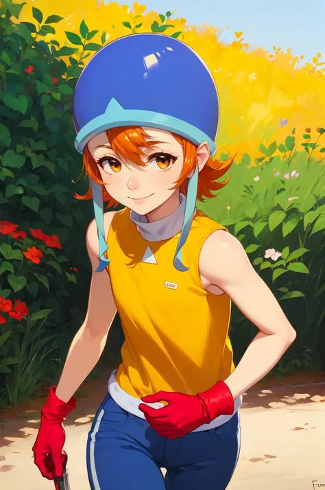 cowboy shot,  solo, smile, outdoors,  <lora:Sora:1> SoraDef, orange eyes, short hair, orange hair, helmet, yellow shirt, shirt, sleeveless, pants, jeans, red gloves,   <lora:Feguimel [MockAi - v1.0]:0.8> feguimel, soft shading, realistic proportions,, absurdres, ultra detailed, masterpiece, best quality, aesthetic, detailed,