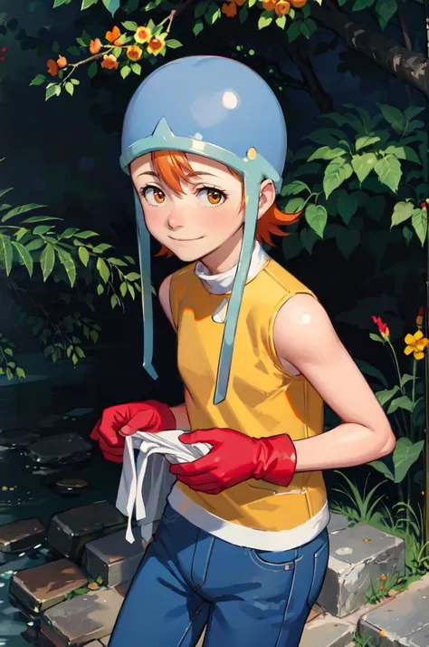 cowboy shot, solo, smile, outdoors, <lora:Sora:1> SoraDef, orange eyes, short hair, orange hair, helmet, yellow shirt, shirt, sleeveless, pants, jeans, red gloves, <lora:comiclo:0.7>, absurdres, ultra detailed, masterpiece, best quality, aesthetic, detailed,