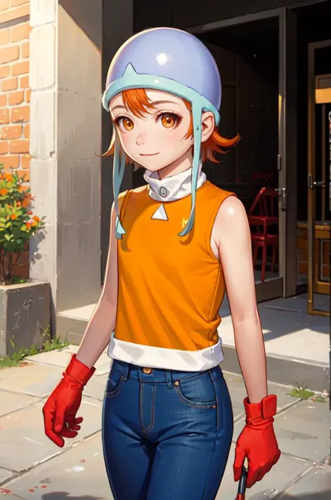 (masterpiece, best quality), 1girl,  <lora:Sora:0.8> SoraDef, , blush, smile, short hair, orange hair, helmet, orange eyes, digimon, , yellow shirt, shirt, sleeveless, pants, jeans,