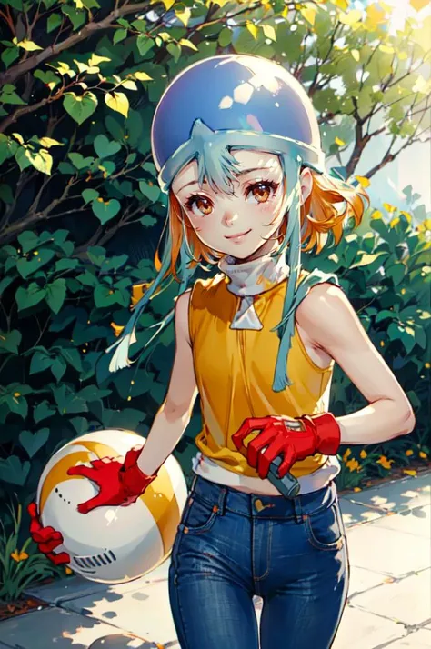 cowboy shot, solo, smile, outdoors, <lora:Sora:1> SoraDef, orange eyes, short hair, orange hair, helmet, yellow shirt, shirt, sleeveless, pants, jeans, red gloves, <lora:style3:1> style3,, absurdres, ultra detailed, masterpiece, best quality, aesthetic, detailed,