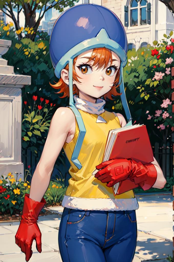 A woman in a blue hat and yellow shirt holding a book - SeaArt AI