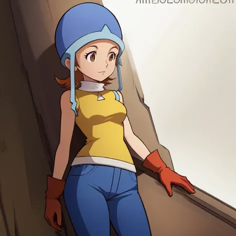 cowboy shot, solo, <lora:takenouchiSoraStr1:1> soradef, short hair, brown eyes, orange hair, helmet, gloves, pants, sleeveless, yellow shirt, jeans, denim, blue headwear, <lora:ageUpStr1+:2>, highres, Digital art, trending on artstation, best quality, insanely detailed, masterpiece, stunning environment, wide-angle,