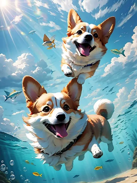 Master works, high quality, film quality, a dog, corgi, flying in the sky, with sun goggles,underwater scene, clouds, rainbows, wings,MG keji,solo, <lora:MG keji_20230709070441:0.8>