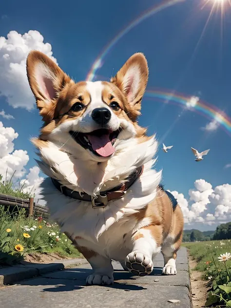 Master works, high quality, film quality, a dog, corgi, flying in the sky, with sun goggles, clouds, rainbows, wings,MG keji,solo, <lora:MG keji_20230709070441:0.8>