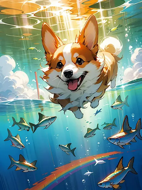 Happy dog swimming underwater and having fun. Happy childhood and summer vacation. High quality photo realistic .8k,detailed,realistic,8k uhd,high quality,