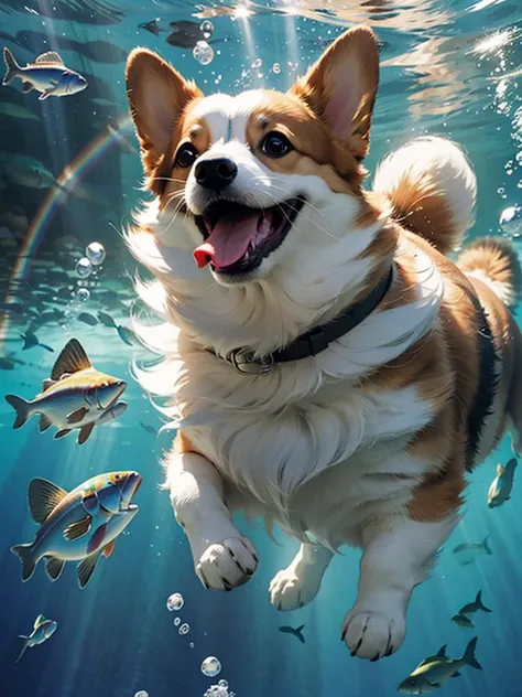 Master works, high quality, film quality, a dog, corgi, flying in the sky, with sun goggles,underwater scene, clouds, rainbows, wings,MG keji,solo, <lora:MG keji_20230709070441:0.8>