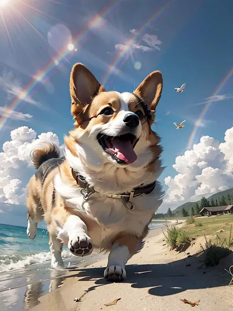 Master works, high quality, film quality, a dog, corgi, flying in the sky, with sun goggles, clouds, rainbows, wings,MG keji,solo, <lora:MG keji_20230709070441:0.8>