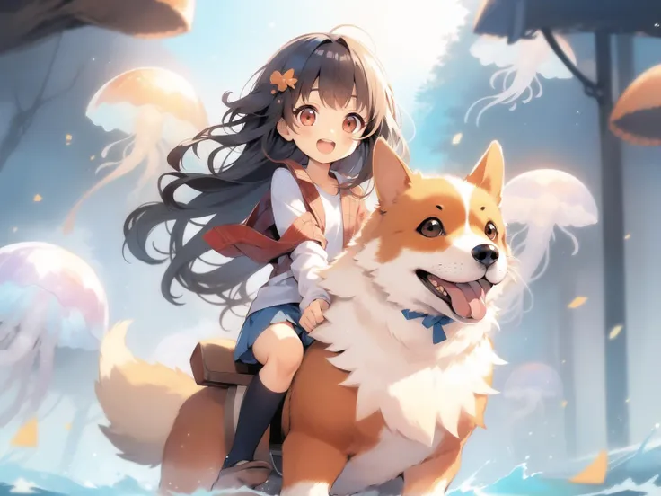 >_<, upper teeth only, ribbon, open clothes, white jacket, sleeves past wrists, heart, corgi, red eyes, open mouth, solo, long sleeves, doughnut, blue skirt, bangs, long hair, white shirt, shirt, :d, looking at viewer, teeth, jacket, jellyfish in background, bow, fake, dog, red eyes, open mouth, solo, long sleeves, doughnut, blue skirt, bangs, long hair, white shirt, shirt, :d, looking at viewer, teeth, jacket, confetti, bow, fake, corgi, (riding a corgi) , jellyfish forest, <lora:jellyfish-noise:1> jelly fish forest, <lora:riding_a:.7>,