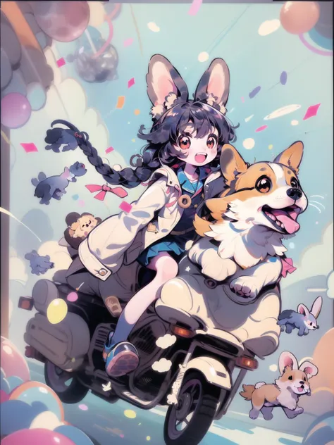 ,  twin braids, animal ears, smile, dog ears, food, pleated skirt, rabbit, red eyes, open mouth, solo, long sleeves, doughnut, blue skirt, bangs, long hair, white shirt, shirt, :d, looking at viewer, teeth, jacket, confetti, bow, fake animal ears, >_<, upper teeth only, ribbon, open clothes, white jacket, sleeves past wrists, heart, corgi, red eyes, open mouth, solo, long sleeves, doughnut, blue skirt, bangs, long hair, white shirt, shirt, :d, looking at viewer, teeth, jacket, confetti, bow, fake,  dog, red eyes, open mouth, solo, long sleeves, doughnut, blue skirt, bangs, long hair, white shirt, shirt, :d, looking at viewer, teeth, jacket, confetti, bow, fake <lora:BEReaction:1>,  <lora:r128dim-epoch-000008:1> <lora:riding_a:.7> corgi, riding a corgi <lora:MG keji_20230709070441:.6>