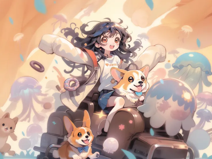 >_<, upper teeth only, ribbon, open clothes, white jacket, sleeves past wrists, heart, corgi, red eyes, open mouth, solo, long sleeves, doughnut, blue skirt, bangs, long hair, white shirt, shirt, :d, looking at viewer, teeth, jacket, jellyfish in background, bow, fake, dog, red eyes, open mouth, solo, long sleeves, doughnut, blue skirt, bangs, long hair, white shirt, shirt, :d, looking at viewer, teeth, jacket, confetti, bow, fake, corgi, (riding a corgi) , jellyfish forest, <lora:jellyfish-noise:1> jelly fish forest, <lora:riding_a:.7>, <lora:r128dim-epoch-000008:1>