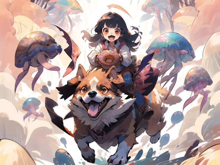 >_<, upper teeth only, ribbon, open clothes, white jacket, sleeves past wrists, knight, corgi, red eyes, open mouth, solo, long sleeves, doughnut, blue armor, bangs, long hair, white under shirt, shirt, :d, looking at viewer, teeth, jacket, jellyfish in background, bow, fake, big gryphon red eyes, open mouth, solo, long sleeves, doughnut, blue skirt, bangs, long hair, white shirt, shirt, :d, looking at viewer, teeth, jacket, , bow,, giant ultralisk jellyfish (riding a zergdog:1.3) , jellyfish forest, <lora:jellyfish-noise:1> jelly fish forest, <lora:riding_a:.7>, , monster, zerg, <lora:zerg-basic:.5>, <lora:MG keji_20230709070441:.5>