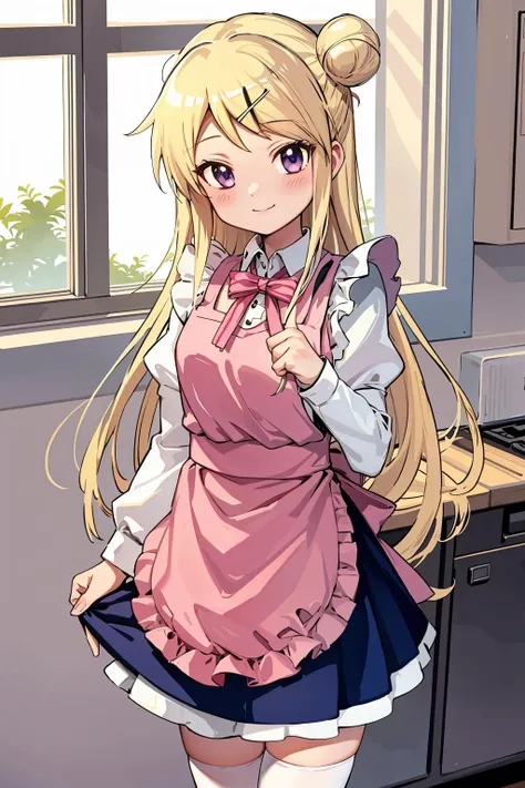 kujo karen, smile, looking at viewer, maid, apron, cowboy shot,  indoors,  window, <lyco:kujo-karen_v3:0.9>