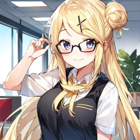 1girl, kujo karen, yellow hair, <lyco:kujo-karen_v3:0.9>, smile, white shirt, black glasses, britain, office, black tie