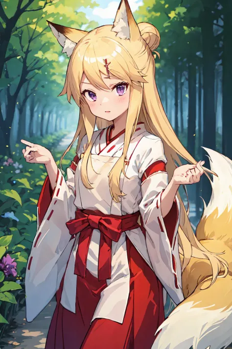 <lora:senkoLora_v4:0.4>, <lora:kujo-karen_v3:0.85>, kujo karen, 1girl, solo, violet eyes, fox tail, fox ears, miko, japanese clothes, nature, wallpaper