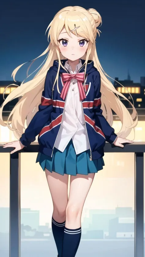 masterpiece, beautiful, extremely detailed face, perfect lighting,
<lora:kujo-karen_v3:0.8>,kujo karen, 
union jack jacket,white shirt, , kneehighs, pleated skirt, long sleeves, blue skirt, striped bow, horror balcony nighttime,